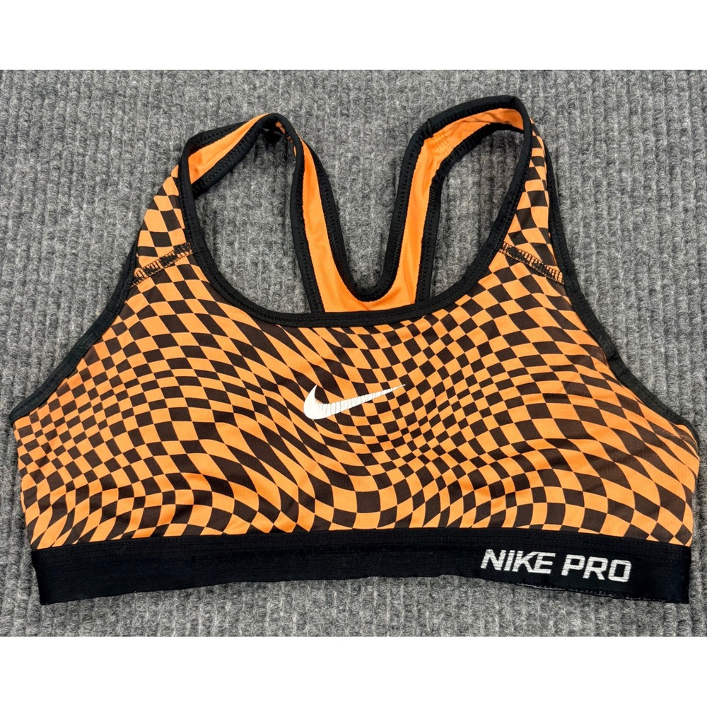 Nike Pro Dri-FIT Sports Bra Small Orange Black Warped Checkerboard Racerback